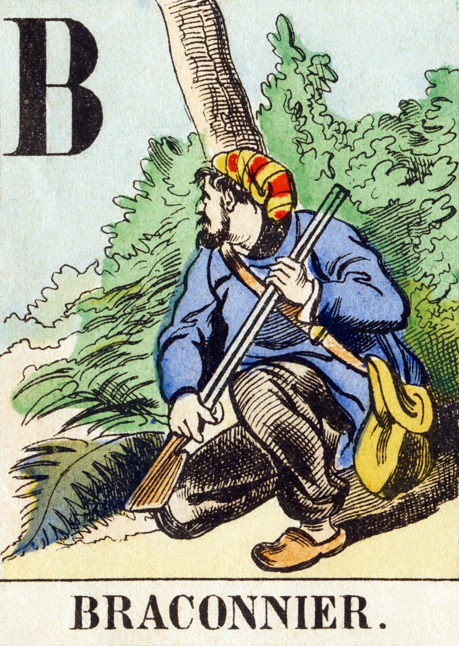 B : ブラコニエ - 狩猟用アルファベット, 1890年頃（彫刻 作： 不明