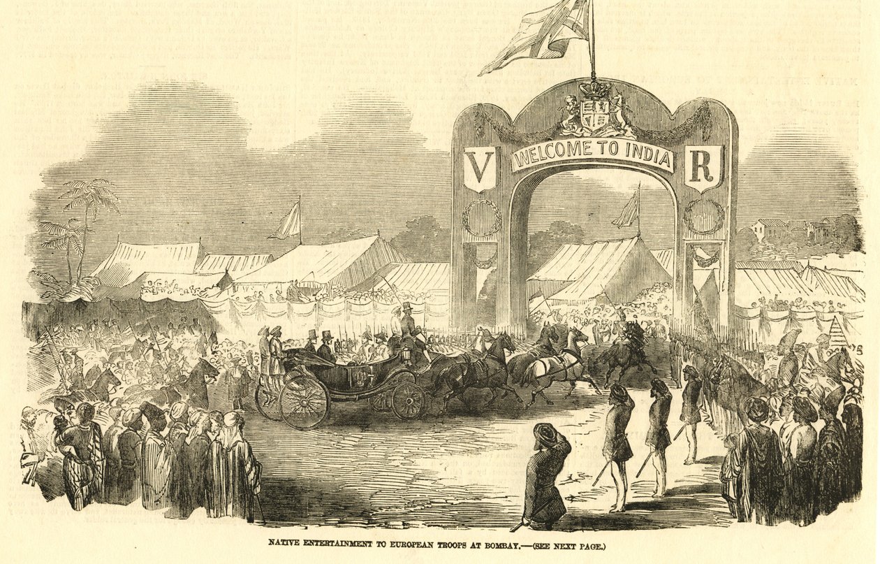 1800年代、ボンベイでのイギリス人乗合馬車（イラスト） 作： 無名の画家