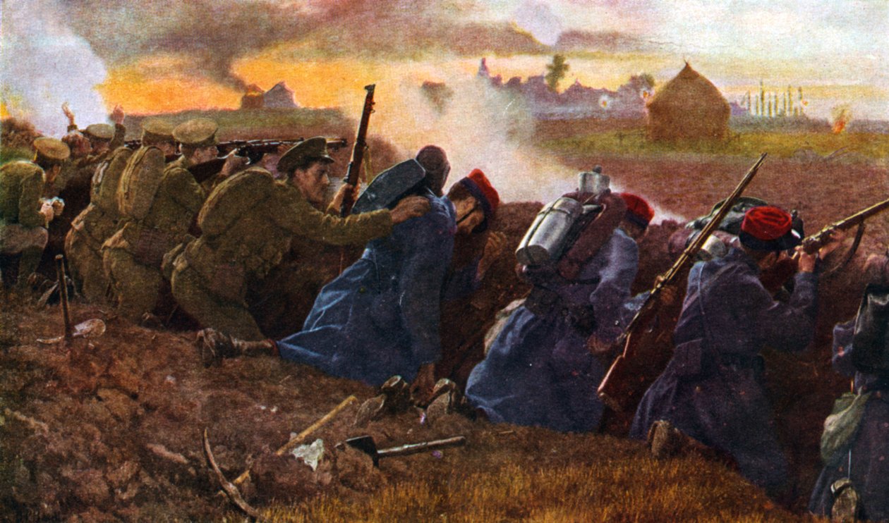ドイツ軍の最初の突進を阻止するためにフランス軍と戦うイギリス軍（1914年秋 作： 無名の画家