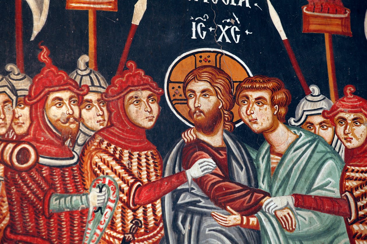 15世紀のビザンチン様式のフレスコ画 ユダの裏切りとイエスの逮捕 Michael Archangel Church in Pedoulas Cyprus 描かれた教会 UNESCO site Troodos, Cyprus 作： 不明