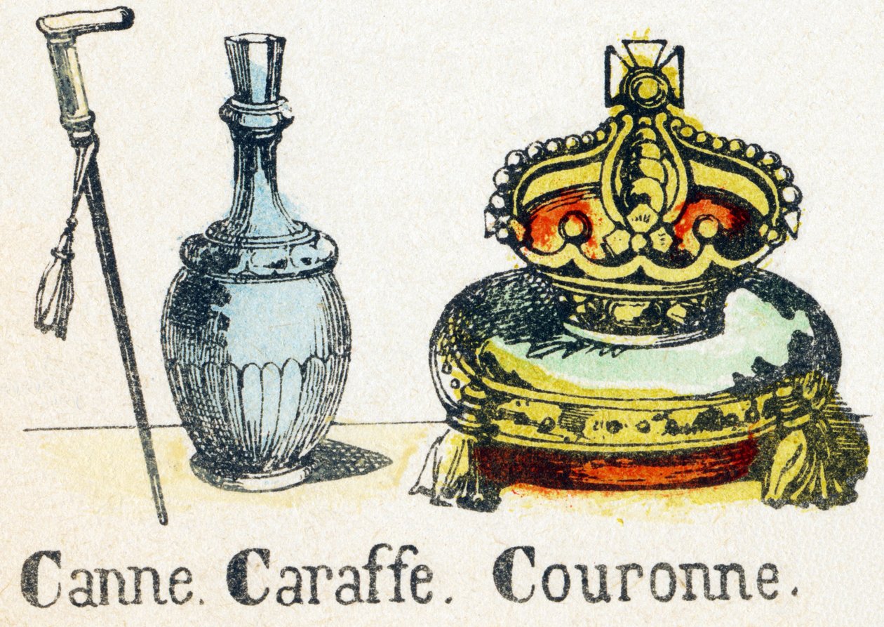 C - Canne Caraffe Couronne - アルファベット - 子供向けエンターテイメント - Image epinal, popular serie c.1890 (illustration) 作： 不明