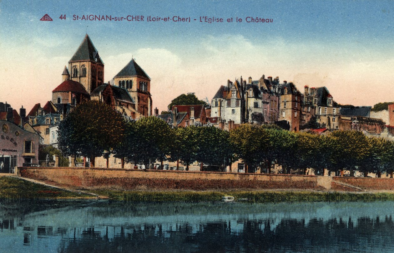 Centre, Loir et Cher (41), Saint Aignan sur Cher (Saint-Aignan-sur-Cher): 教会と城のある街の風景 - ポストカードエンド 19-20世紀 作： 不明