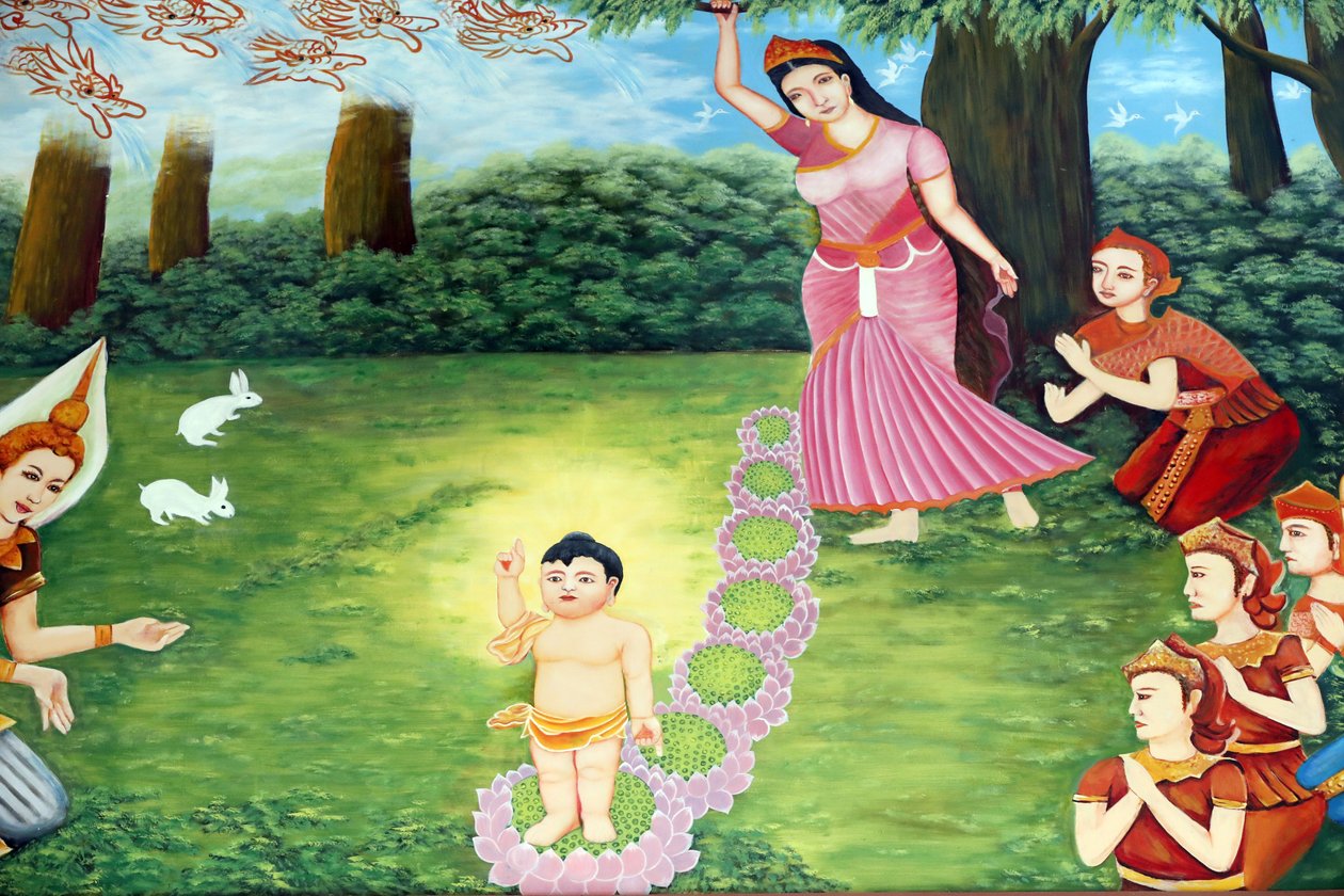 Chua Tu Quang buddhistischer Tempel. Prinz Siddhartha Gautama, Buddha als Kind. Es wird gesagt, dass das Kind voll wach geboren wurde. Er konnte sprechen und sagte seiner Mutter, dass er gekommen sei, um die gesamte Menschheit vom Leiden zu befreien. Vung  von Unbekannt