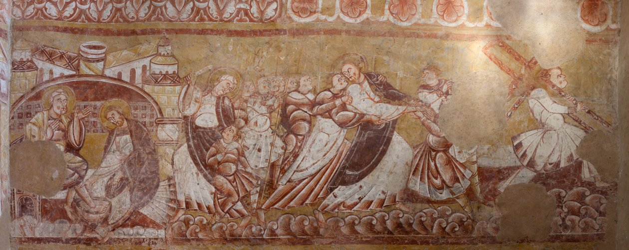 教会（Église Saint-Martin）。内部の様子。壁画（フレスコ画）。聖歌隊の北壁。詳細。キリストの逮捕、足の洗浄。12世紀の作品。 作： 不明