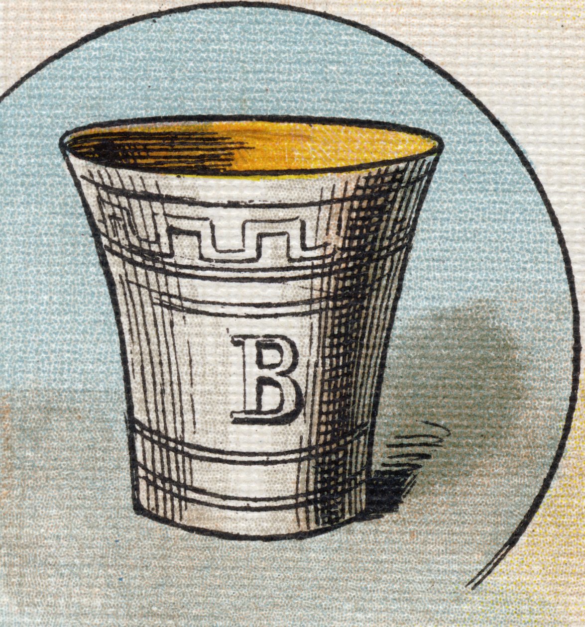 カップ。Alphabet de ma petite fille "のエングレーヴィング。Bernardin-Bechet and Fils, bookseller-publishers, Paris, around 1895.壊れないアルバム、キャンバスBibliotheque des Bebes.12ページ。読書法とイラスト入りのアベコベが入ったアルバム。薄さ：29インチ 作： 不明