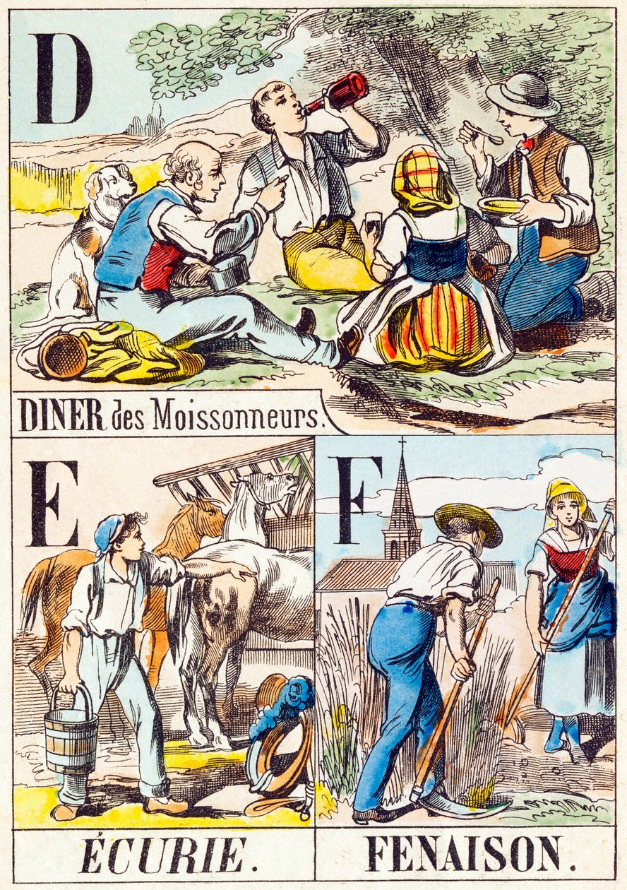 D E F : Diner des moissonneurs, Ecurie, Fenaison - "Alphabet of the farm" 19世紀末 (carving) 作： 不明