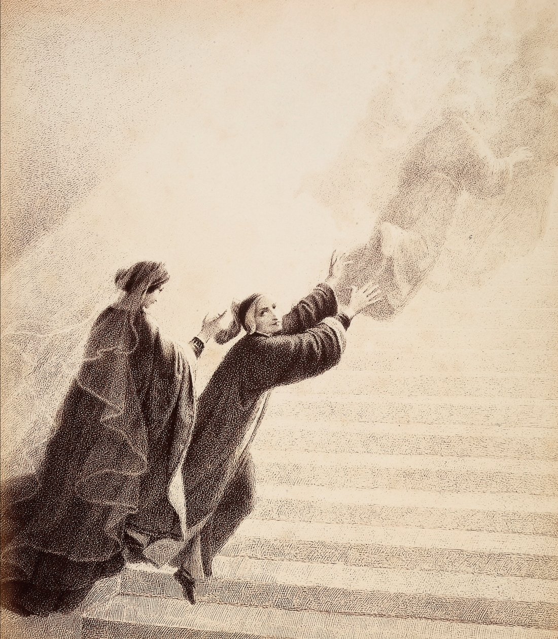 Dante steigt auf ein einfaches Zeichen von Beatrice die goldene Leiter hinauf, nach den seligen Geistern. Illustration von Canto XVII in Paradiso der Göttlichen Komödie von Dante Alighieri. Werk von Francesco Scaramuzza, gewidmet der Gemeinde Florenz. von Unbekannter Künstler