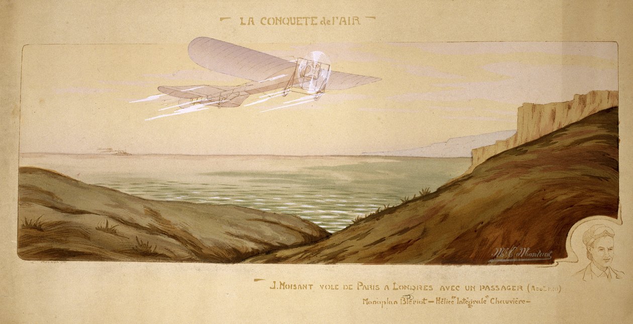 航空の始まり：1910年8月17日、ジョン・モワザンが2人乗りのブレリオ機で、メカニックとともに英仏海峡を初めて旅客飛行した。 作： 不明