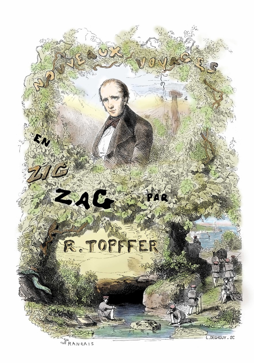 コミック・ストリップのデビュー：ロドルフ・トッフェル（1799-1846）作「ジグザグによる新しい航海」の扉絵。 作： 無名の画家
