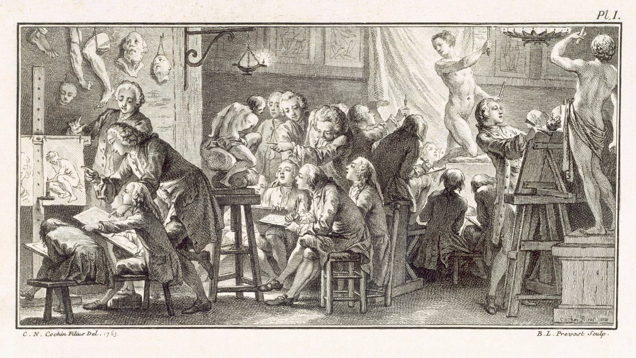 1770年頃、M.デ・ランデの「科学の辞典」に掲載されていたドローイングクラスのイラスト（リトグラフ）。 作： 不明