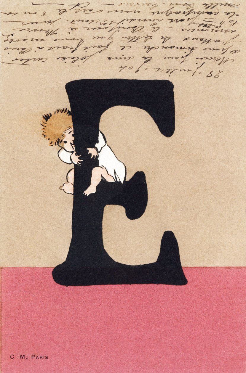 E is for embrace, kiss - 子供用アルファベットC.M. editeur, Paris.手描きのポストカード、1904年のフランが付いています。サイズ : 14 x 9 cm 作： 不明