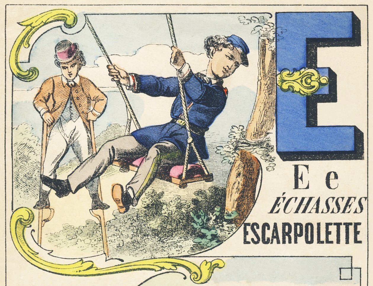 E: スティルト、エスカルポレット - ゲームアルファベット、1890年頃（イラスト 作： 不明