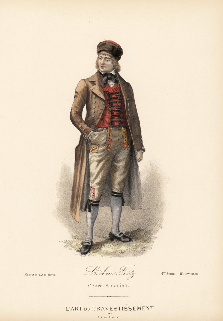 アミ・フリッツ（エルクマン・シャトリアンの小説の登場人物フリッツ・コブス）のアルザス仮装コスチューム。乗馬コート、カシミア・ウエストコート、ショーツ、毛皮のトーク。L