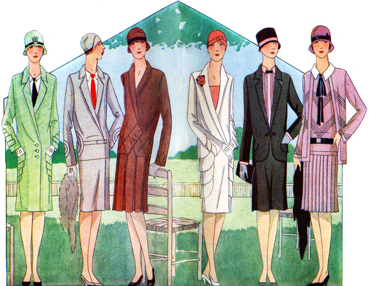 ファッション：1928年春のコートとスーツ 作： 無名の画家