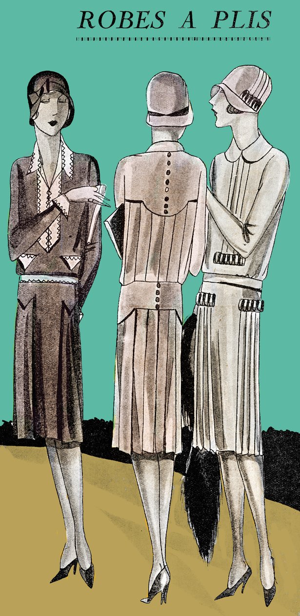 ファッション：1928年春のプリーツ・デイドレス 作： 無名の画家
