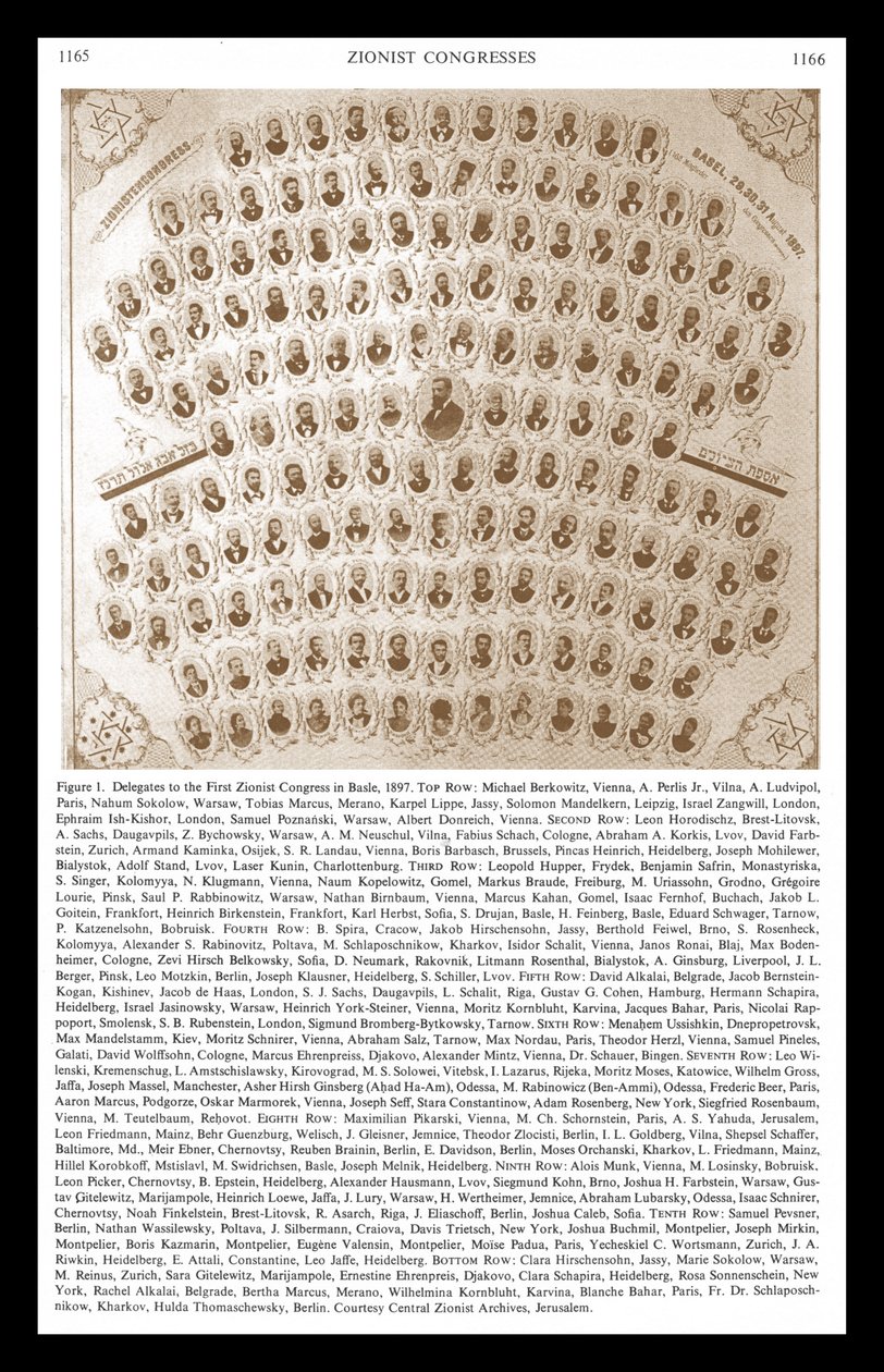 バーゼルでの第1回シオニスト会議1897年。テオドール・ヘルツルは代表団と指導者のモンタージュの中心に描かれている。 作： 無名の画家