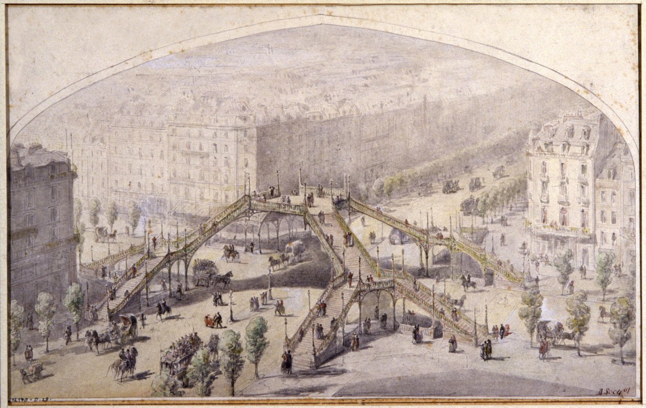 パリの歩道橋、1880年頃（ドローイング） 作： 無名の画家