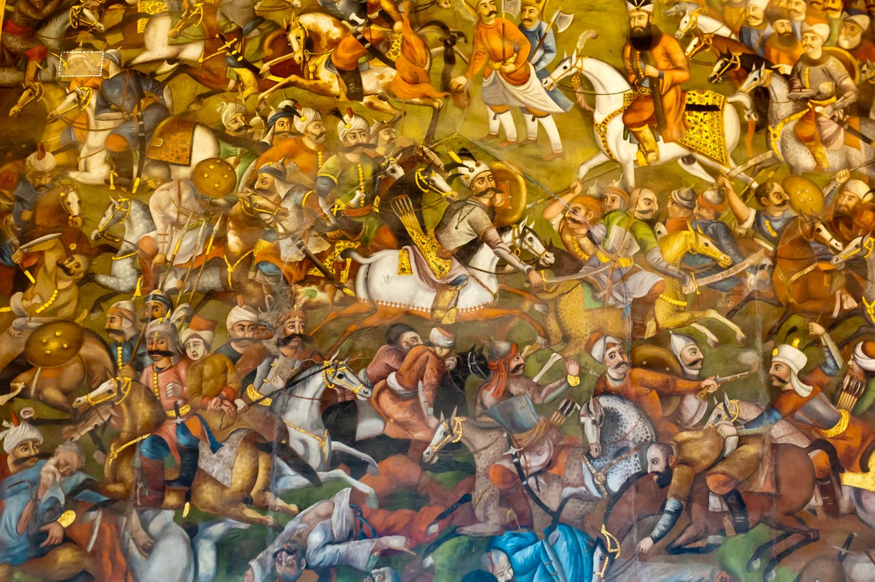 フレスコ画；オスマン・トルコとのカルディランの戦い スルタン・セリム1世；1514年；チェヘル・ソトゥーン；四十柱の宮殿；イスファハン；イラン；アジア 作： 不明