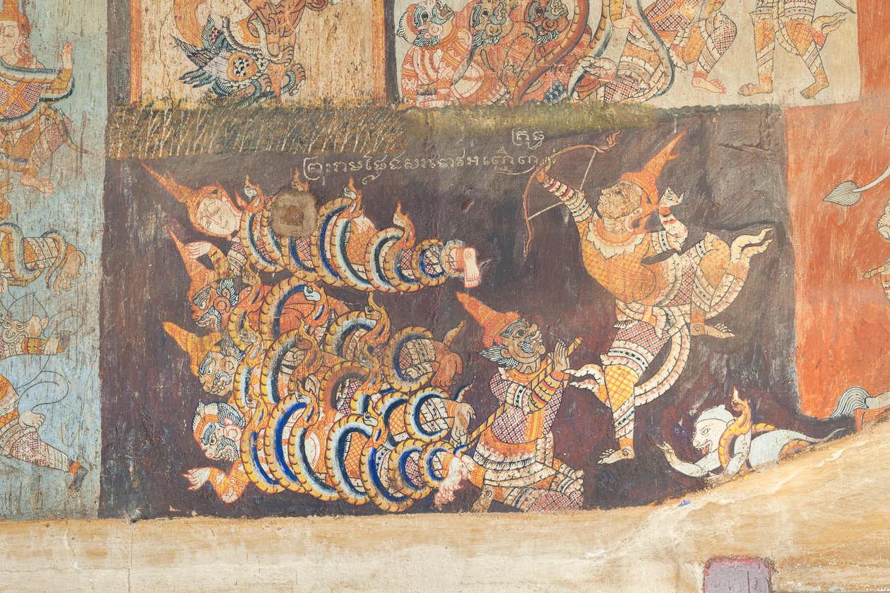 Wat Bon seiniä koristavat freskot, jotka kuvaavat kohtauksia Reamkerista, Siem Reapista, Kambodžasta (kuva) 作： 無名の画家