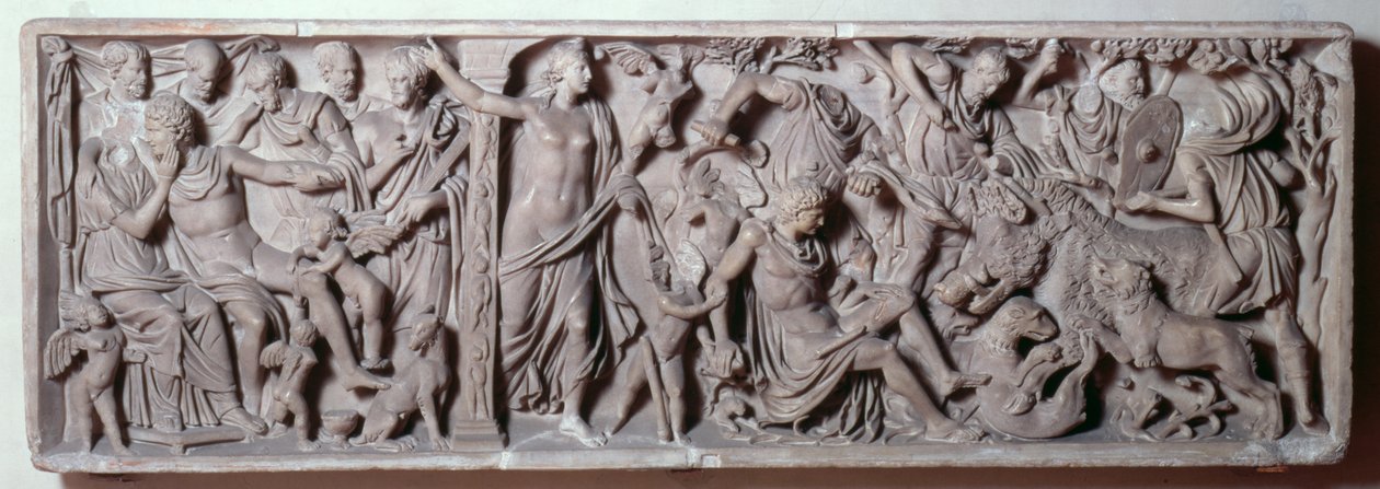 アドニスの死を描いた石棺の正面 ローマ時代、2世紀（大理石製 作： 不明