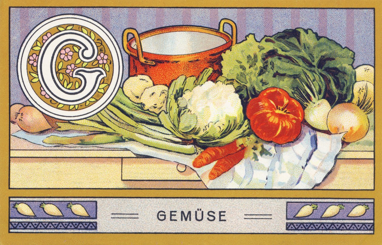 G: Gemuse - Alphabet Palmin.H. Schlinck & Cie, Hamburg, n.d.で出版された一連のクロモリトグラフ。Palmin feinstes Cocosfettの広告です。サイズ : 7 x 11 cm 作： 無名の画家