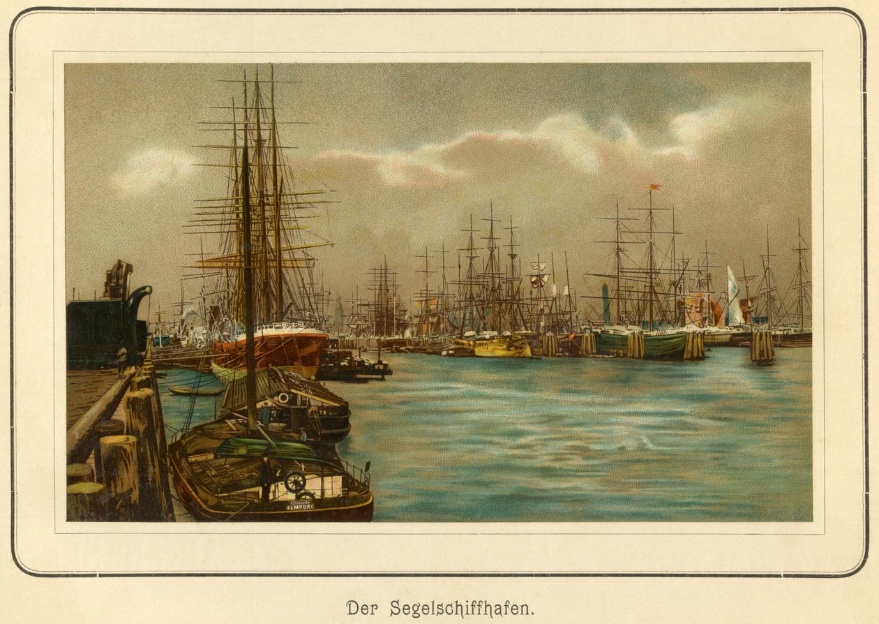 ドイツ、ハンブルク、帆船の港、リトグラフ：「Ansichten-Album Hamburg"（ハンブルクの風景）、C. Schneider, Berlin NW.発行、1890年頃（リトグラフ）。 作： 無名の画家