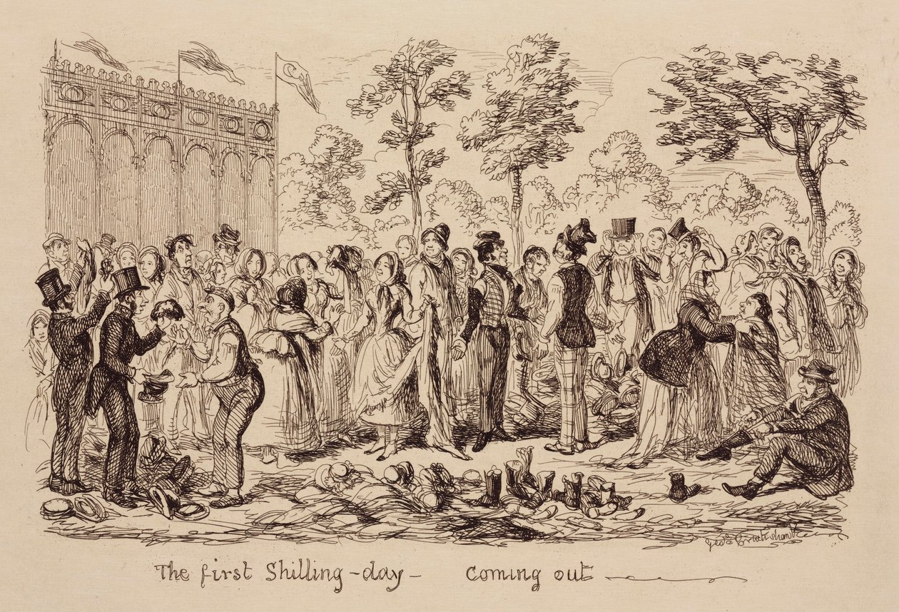1851年の大博覧会「The First shilling-day - coming out」。 作： 不明