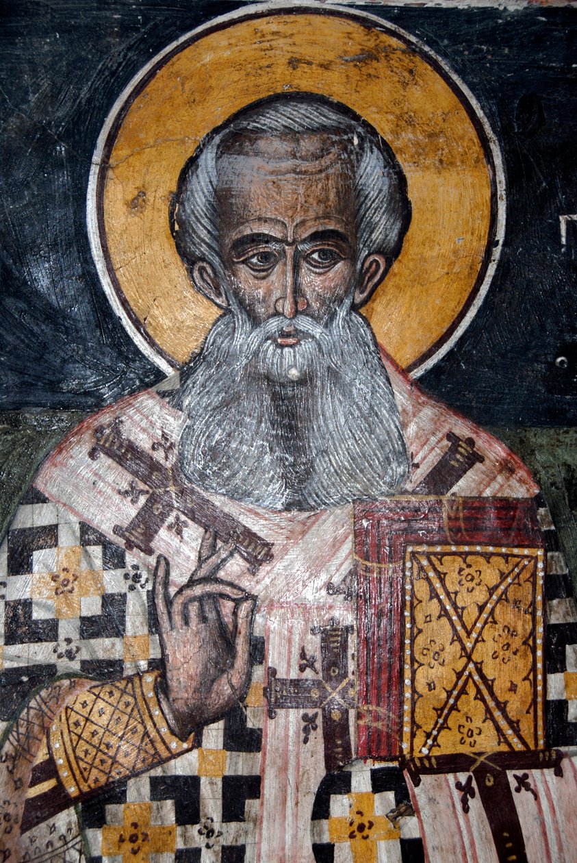 ギリシャ正教のキリスト教、古代ビザンチンのフレスコ画、ニコラス司教の壁画、ペトラのアギオス・ニコラオス教会、レスボス島、エーゲ海、ギリシャ、ヨーロッパ 作： 不明