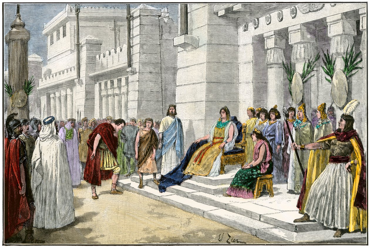ギリシア・ローマ神話：カルタゴ（チュニジア）の伝説的な創設者であり初代女王であるディドン（またはエリシャ、エリッサ）が、トロイア戦争の英雄でありローマ（イタリア）出身のラヴィニウムの創設者であるエネを迎える。 作： 無名の画家