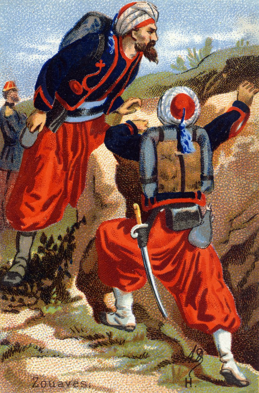 H: Zouaves.ミリタリー・アルファベット」のエングレーヴィング。絵師のイニシャル。A. D. 出版社は不明。19世紀末のクロモリトグラフ。寸法：10,5x7cm . 作： 不明