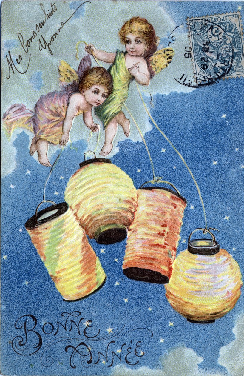 Happy New Year Greeting Card:ランタンを持った二人の天使 - 1905年のポストカード 作： 不明