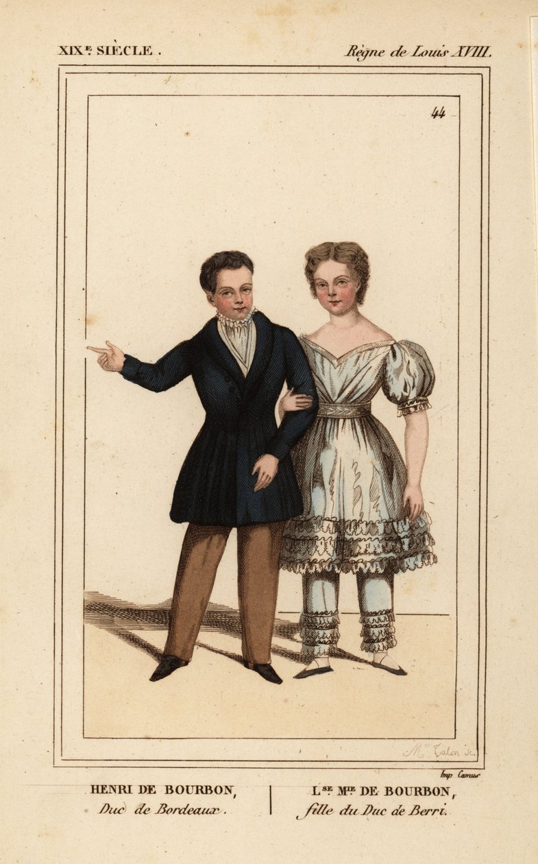 シャンボール伯アンリ、ボルドー公1820-1883年、ベリー公の娘ルイーズ・マリー・テレーズ・オブ・アルトワ1819-1870年。カロン夫人による手彩色リトグラフ、『Le Bibliophile Jacob』、別名ポール・ラクロワの『Costumes Historique de la France』より。 作： 無名の画家