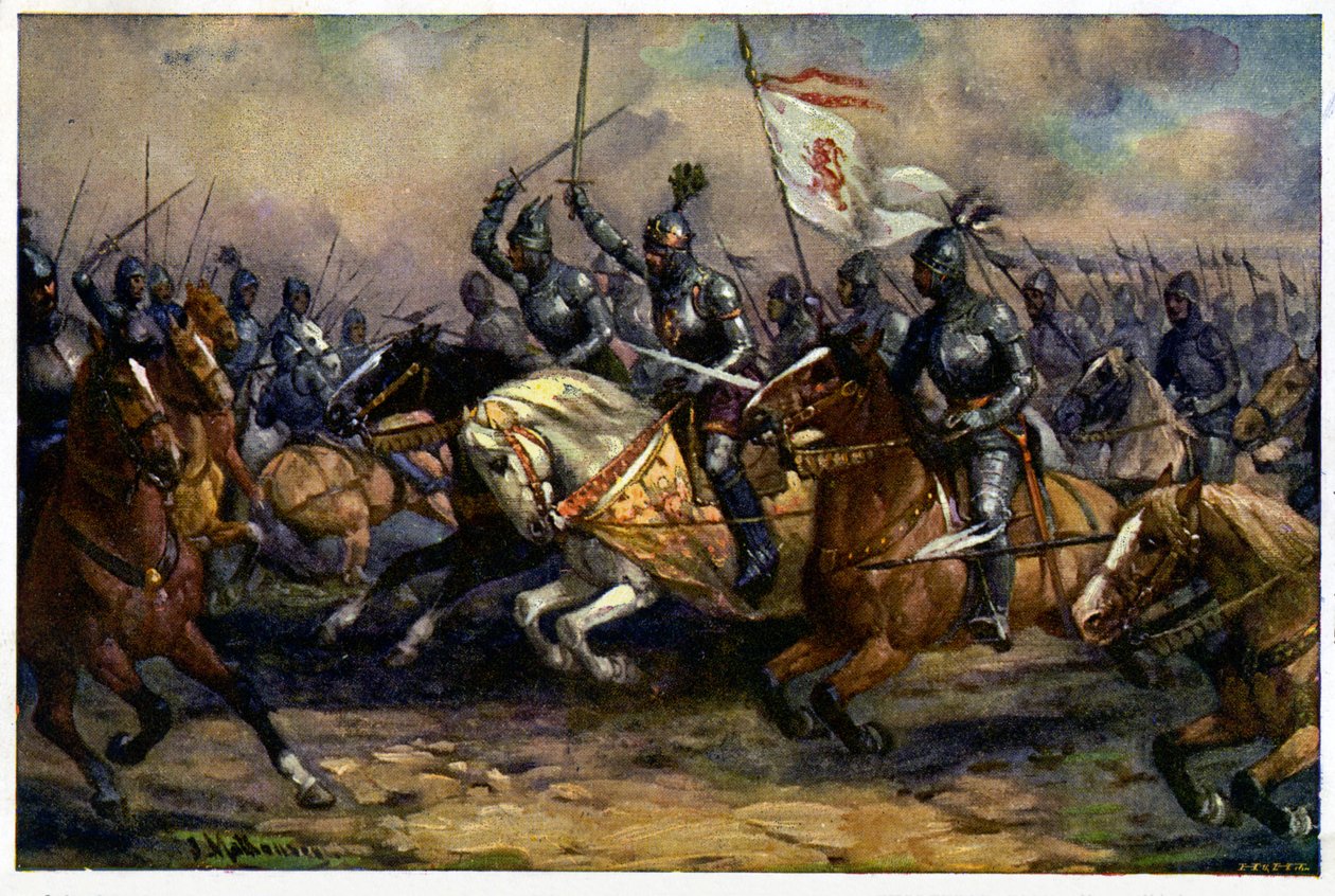 歴史。 フランス。 百年戦争。 8月26日、クレシーの戦いでのボヘミアのジョン王（盲目のジョン） 作： 無名の画家