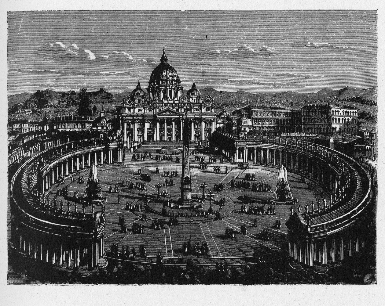 古代ローマの歴史。サン・ピエトロ広場は、ローマに囲まれたローマ教皇庁の飛び地であるバチカン市国のサン・ピエトロ大聖堂の真正面、ボルゴ地区またはリオーネの真西に位置する巨大な広場である。 作： 不明