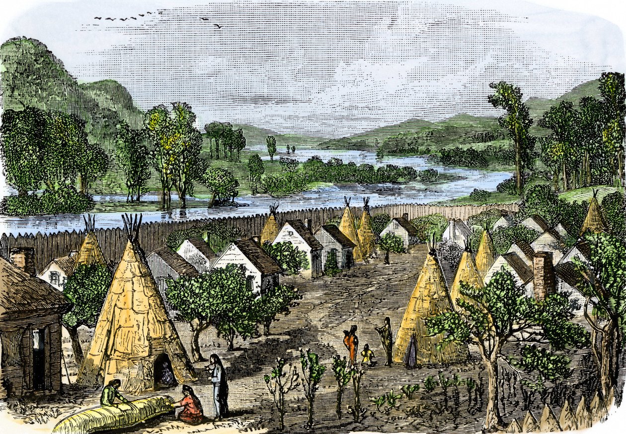 先住民の歴史：ニューヨーク州モホーク村、1780年頃。19世紀のカラフルなエングレーヴィング。 作： 無名の画家