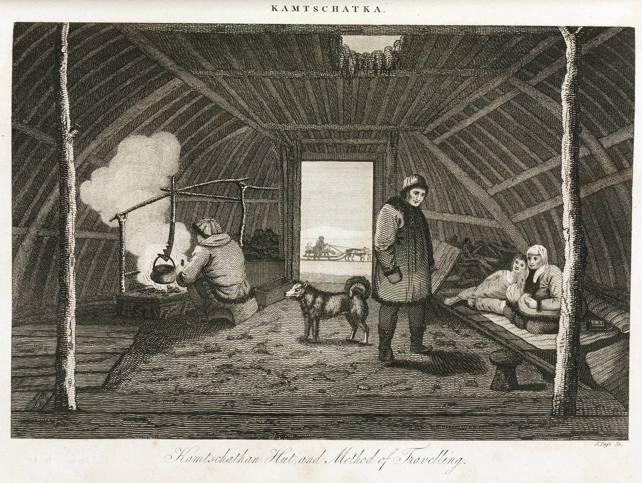 カムチャッカ（ロシア極東半島）の小屋と運搬用のソリ（1810年頃 作： 不明