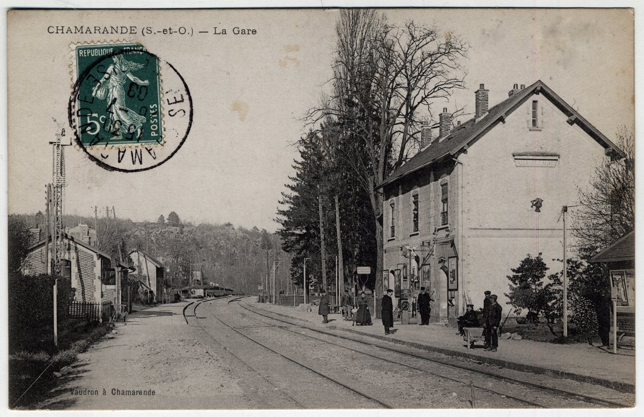 イル・ド・フランス、エソンヌ県（91）、シャマランド：鉄道駅の風景 - 1908年のポストカード 作： 無名の画家