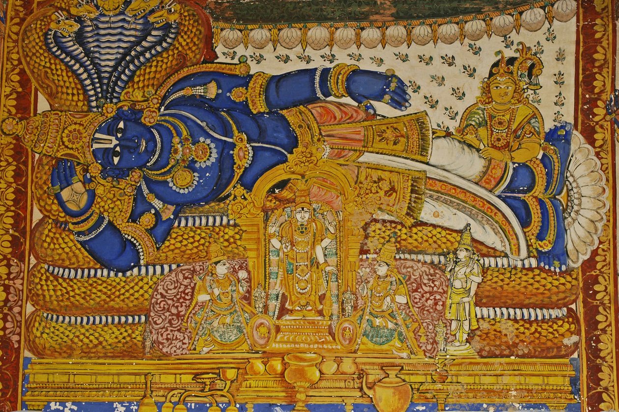 インド、タミル・ナードゥ州、スリランガム、スリ・ランガナタスヴァミ・ヒンドゥー寺院（起源は10世紀）、ヴィシュヌの壁画。 作： 不明