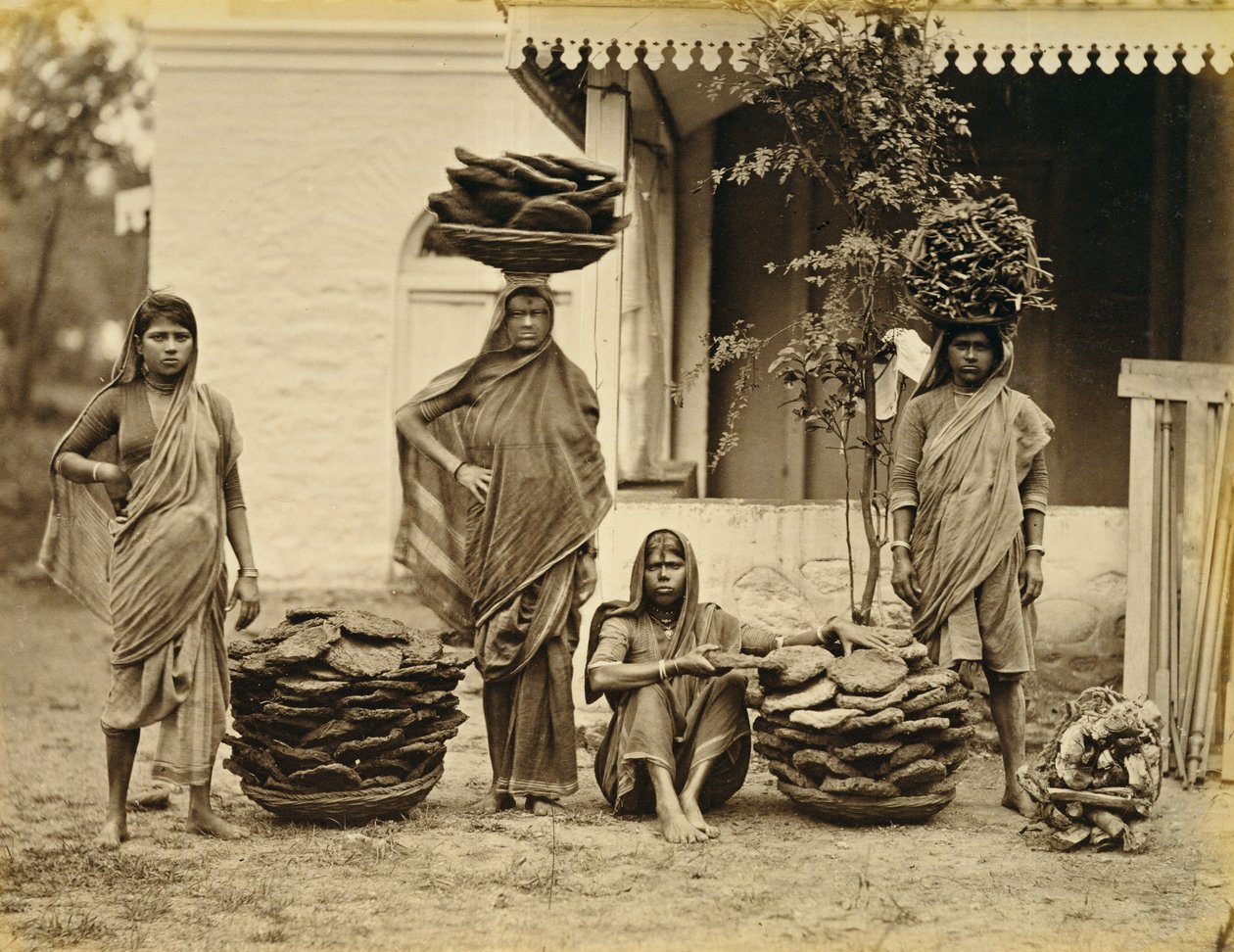 インドの農民女性が、燃料となる糞餅と調理用の薪を籠に入れている様子（セピア写真 作： 不明