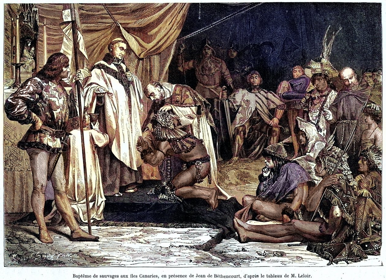 ジャン・ド・ベタンクール、ノルマン紳士、バロン・ド・サン・マルタン・ル・ガイヤールは、1405 年 1 月にカナリア諸島を征服し、キリスト教化した、雑誌「Sur terre et sur mer」n°28、1 月 8 日より 作： 無名の画家