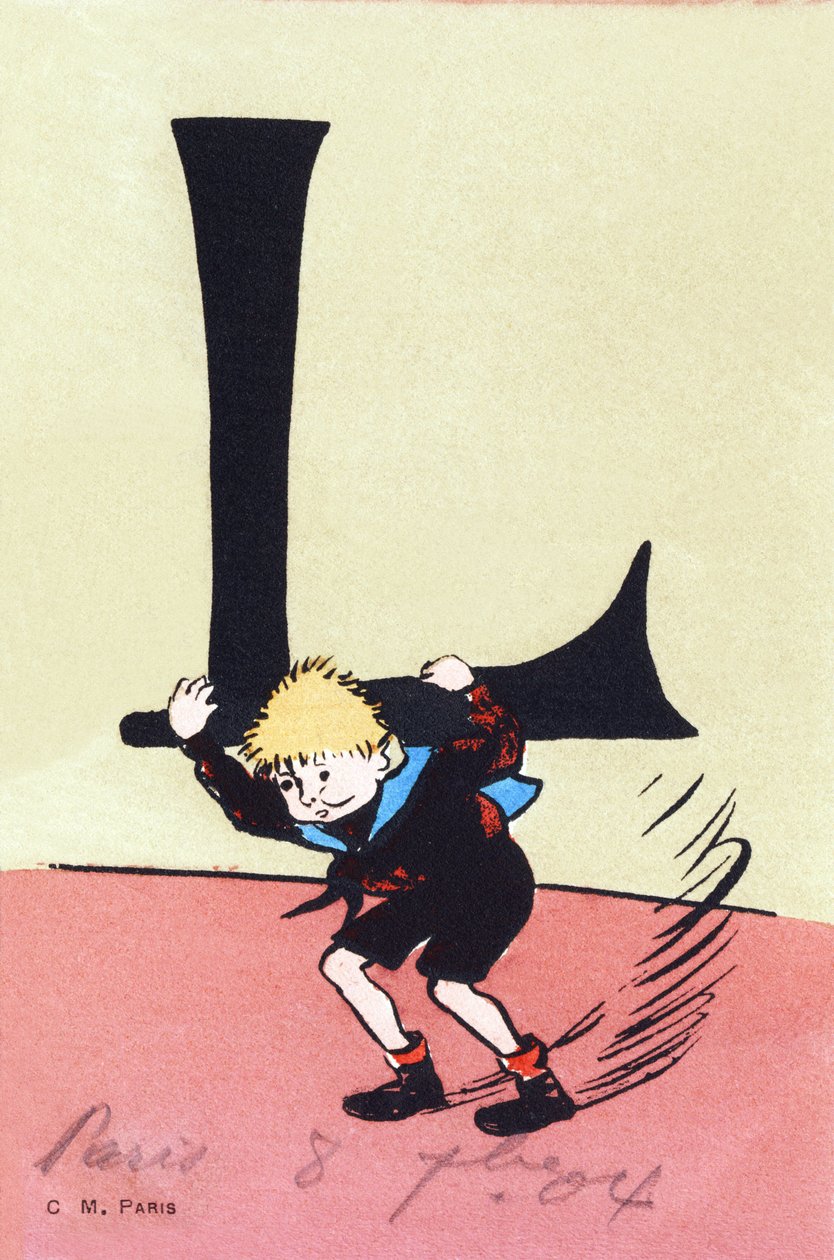 L for heavy - 子供用のアルファベットです。C.M. editeur, Paris.手描きのポストカード、1904年のフランが付いています。サイズ : 14 x 9 cm 作： 不明