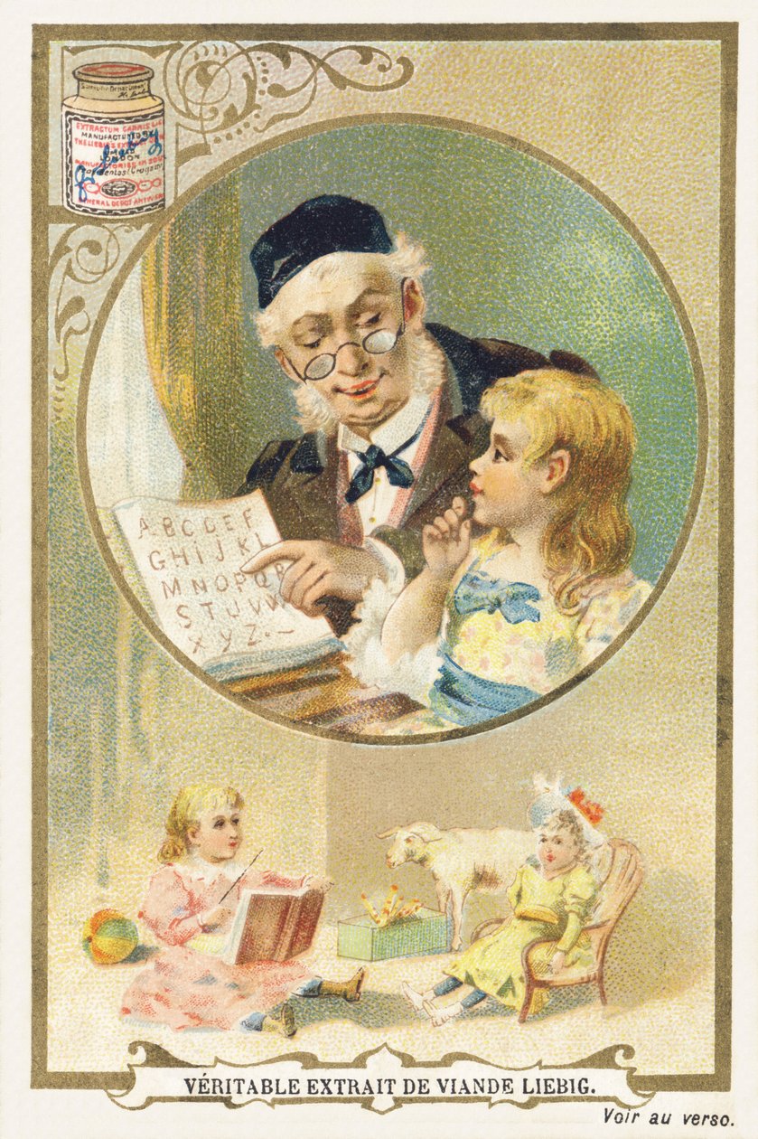 おじいちゃんとの読書丸いフレームの中に老人がいて、その傍らに少女がいるという広告用クロモリグラフ。写真の下には、おもちゃに囲まれて座っている小さな女の子がいる。19世紀後半にパリのリービッヒ社から出版されたものです。ディメンション 作： 不明