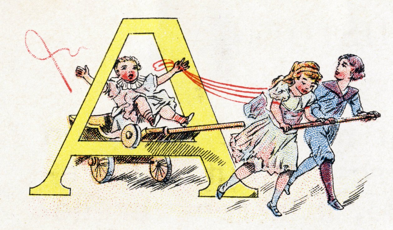 Letter A: Hitch Fun.フォスファティンファリエスのアルファベット .エングレービング。薬剤師Pierre Emile FalieresによるBrevete alphabet S.G.D.G. .19世紀末、色版画による挿絵。16ページ。寸法：103x154mm 作： 不明