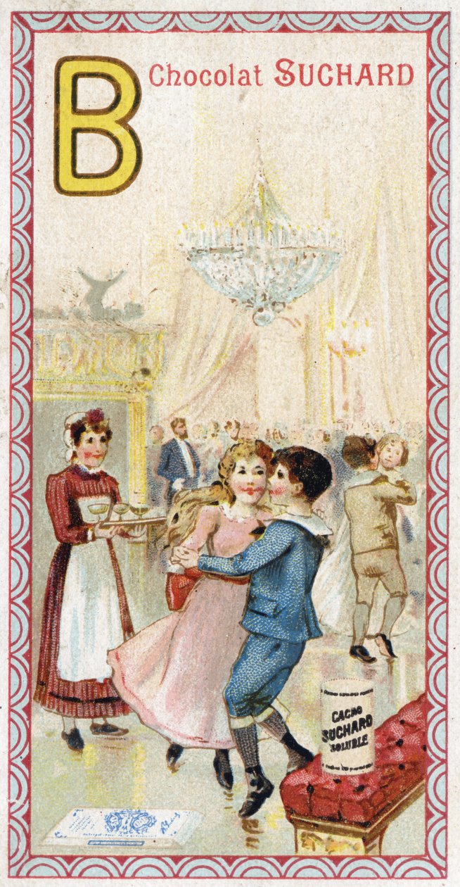 Buchstabe B: Promenade, Balkon, Getränke, Kerzen, Dienstmädchen, Bank. Gravur des Alphabets herausgegeben von Chocolat Suchard, Anfang des 20. Jahrhunderts. 24 Chromolithographien, die Orte, Charaktere und Objekte darstellen, die im Bild entdeckt werden so von Unbekannt