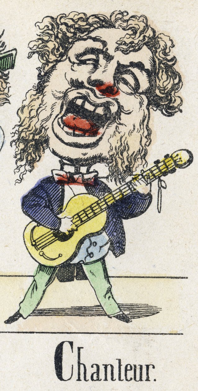 Letter C: singer.イースタン・テイルのアルファベット。1890年頃のエピナルのイメージング。人気シリーズ。8ページの小冊子。ディム：205x150mm。メチエをテーマにしたステンシル入り木版画 作： 不明