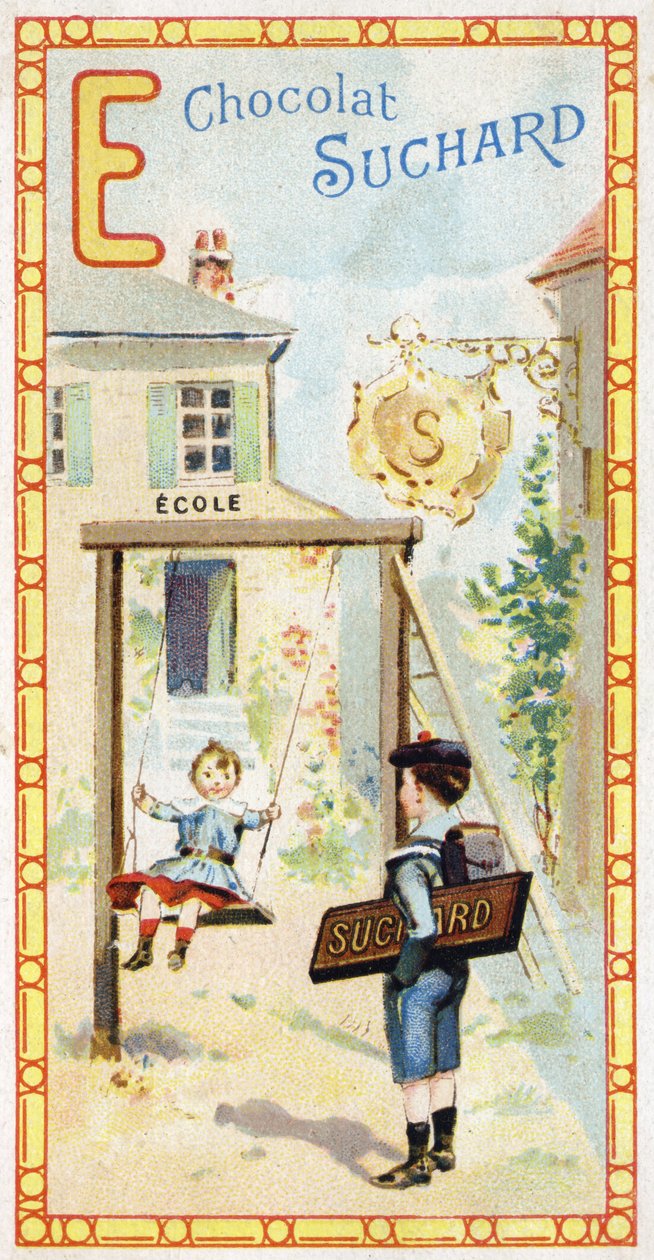 Buchstabe E: Schule, Kinder, Schaukel, Abzeichen, Schild, Eingang, Leiter, Schuljunge. Gravur des Alphabets herausgegeben von Chocolat Suchard, Anfang des 20. Jahrhunderts. 24 Chromolithografien. von Unbekannt