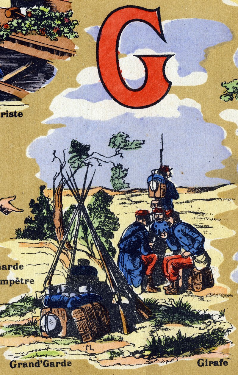 軍隊の大衛兵としての文字G。アルファベットのイラスト。20世紀初頭、ジャーヴィル＝ナンシーで再会したイメージたち。寸法：40 x 29 cm。ビストル地にリトグラフ 作： 不明