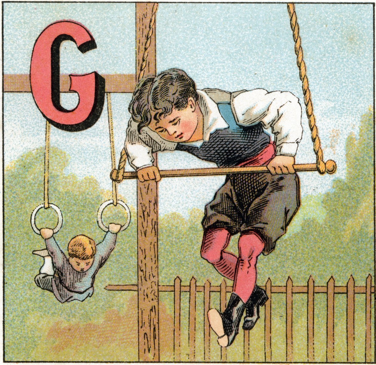 体操のGの文字。Alphabet des petits ecoliers "に掲載された彫刻。エピナルの画像、1885年頃。プリヴェ・コレクション 作： 不明
