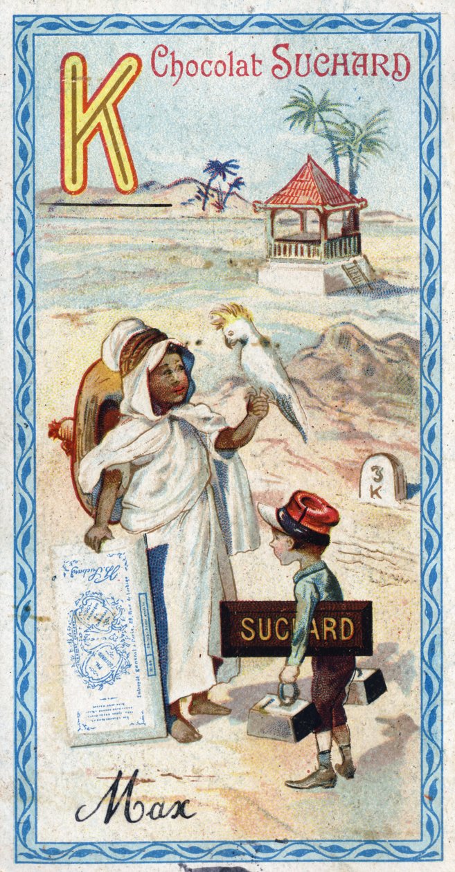 Buchstabe K: Kabyle, Käppi, Kilogramm, Kakadu, Kiosk, Kilometer. Gravur des Alphabets herausgegeben von Chocolat Suchard, Anfang des 20. Jahrhunderts. 24 Chromolithographien, die Orte, Charaktere und Objekte darstellen, die im Bild entdeckt werden sollen. von Unbekannt