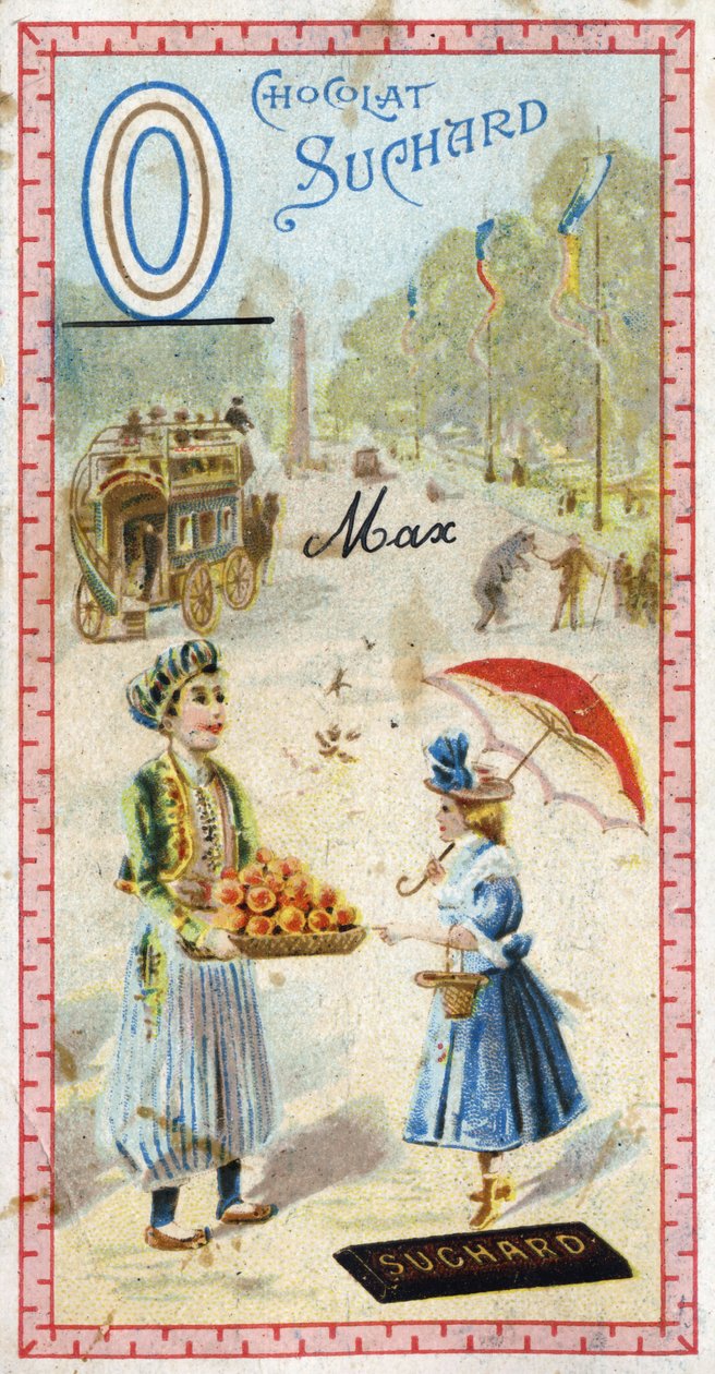 Buchstabe O: Omnibus, Osmanisch, Regenschirm, Oriflamme, Orange, Obelisk, Bär. Gravur des Alphabets herausgegeben von Chocolat Suchard, Anfang des 20. Jahrhunderts. 24 Chromolithographien, die Orte, Charaktere und Objekte darstellen, die im Bild entdeckt w von Unbekannt